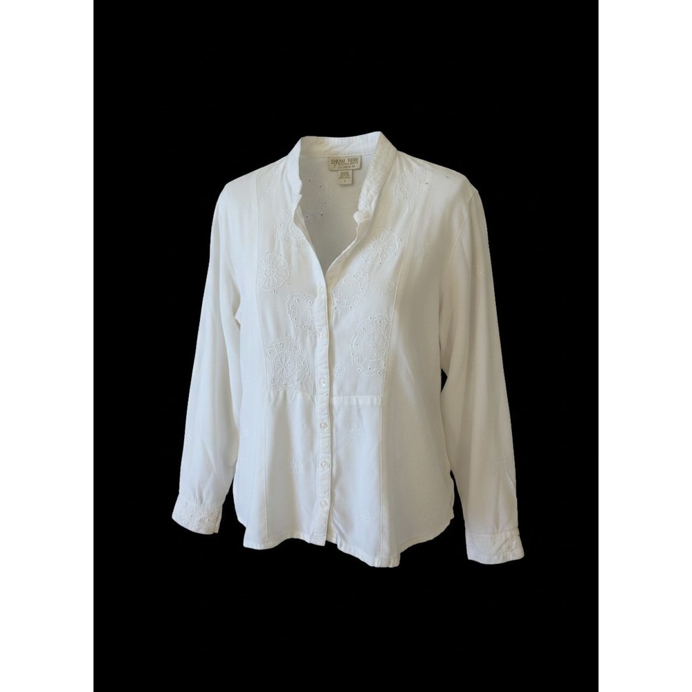 Nomadic Traders Fresco Embroidered Eyelet Blouse Large White Boho Peasant 90s